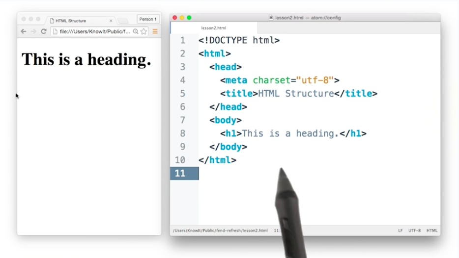 课程开头 HTML 结构视频的截图。